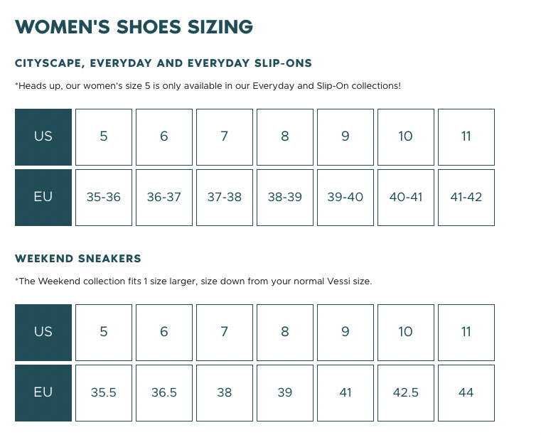 Womens shoe sizing chart for vessi shoes
