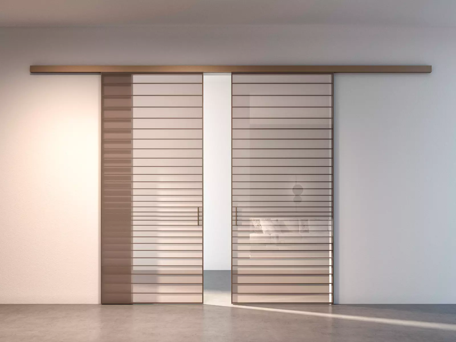 Japanese styled sliding interior door with horizontal slatted design
