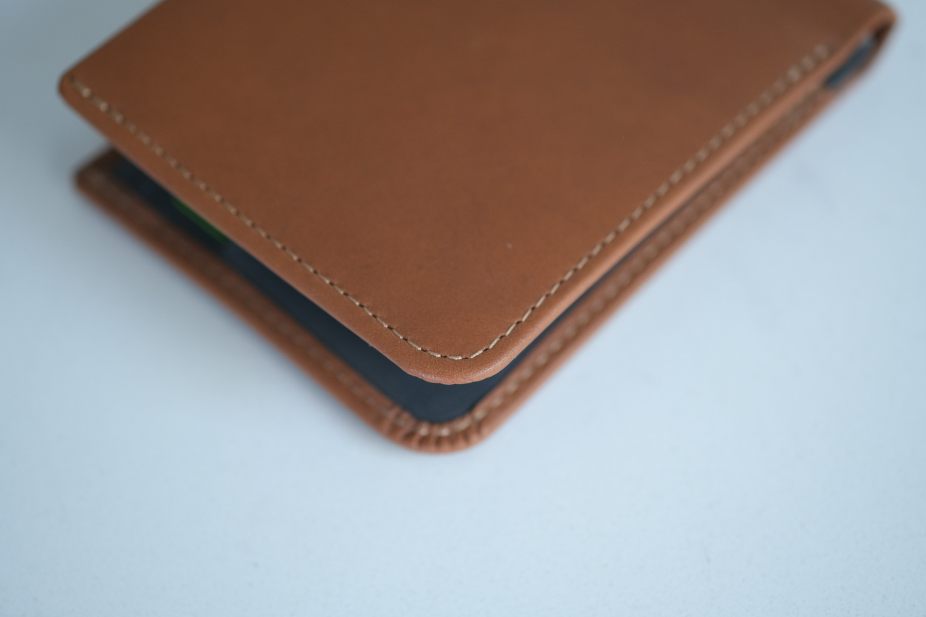 Closeup of bellroy wallet showing stitching