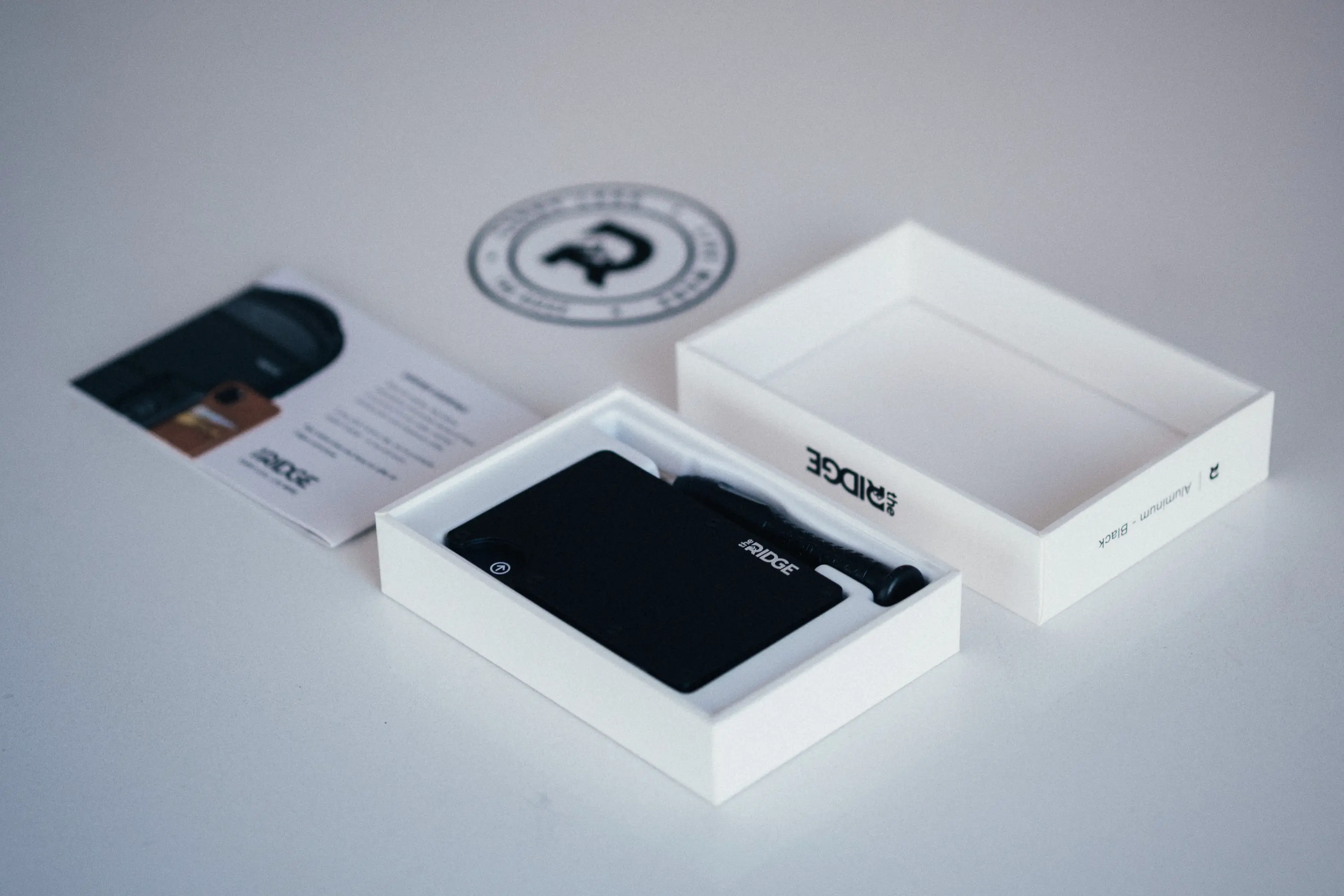 Ridge wallet box open  on counter showing packaging